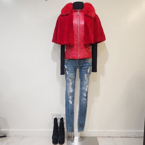💥STUNNING!💥VTG 100% Lamb Leather, Genuine Fox & Rabbit Fur Cape Vest in Red - Picture 2 of 16